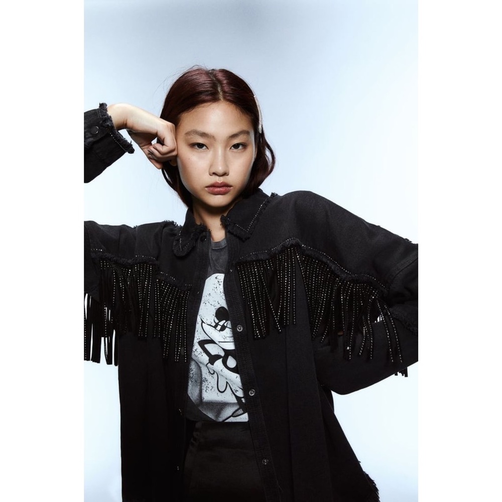 Zara Black Denim Fringe Jacket boho western moto